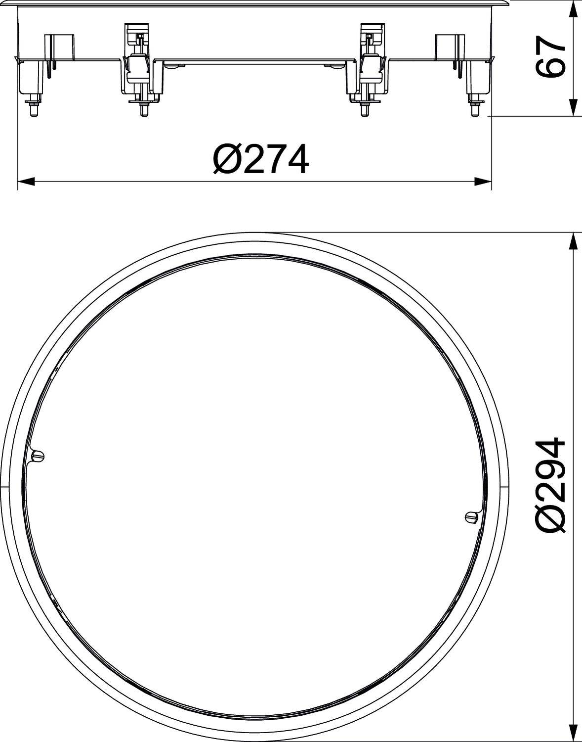 Egy kerek mennyezeti lámpa rajza. Oldalnézet mutatja a 67 mm magasságot, 274 mm átmérőt. Felülnézet: 294 mm átmérő.