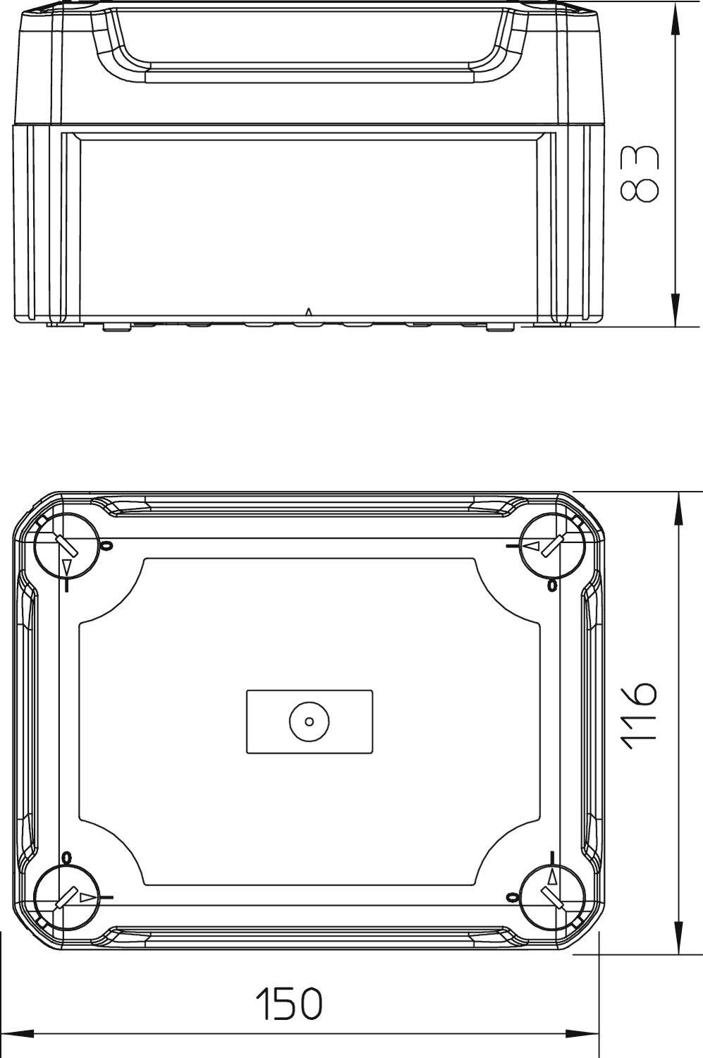 Házváz két nézettel: felülnézet és elölnézet. Méretezve: 83 mm magasság, 116 mm szélesség, 150 mm mélység.