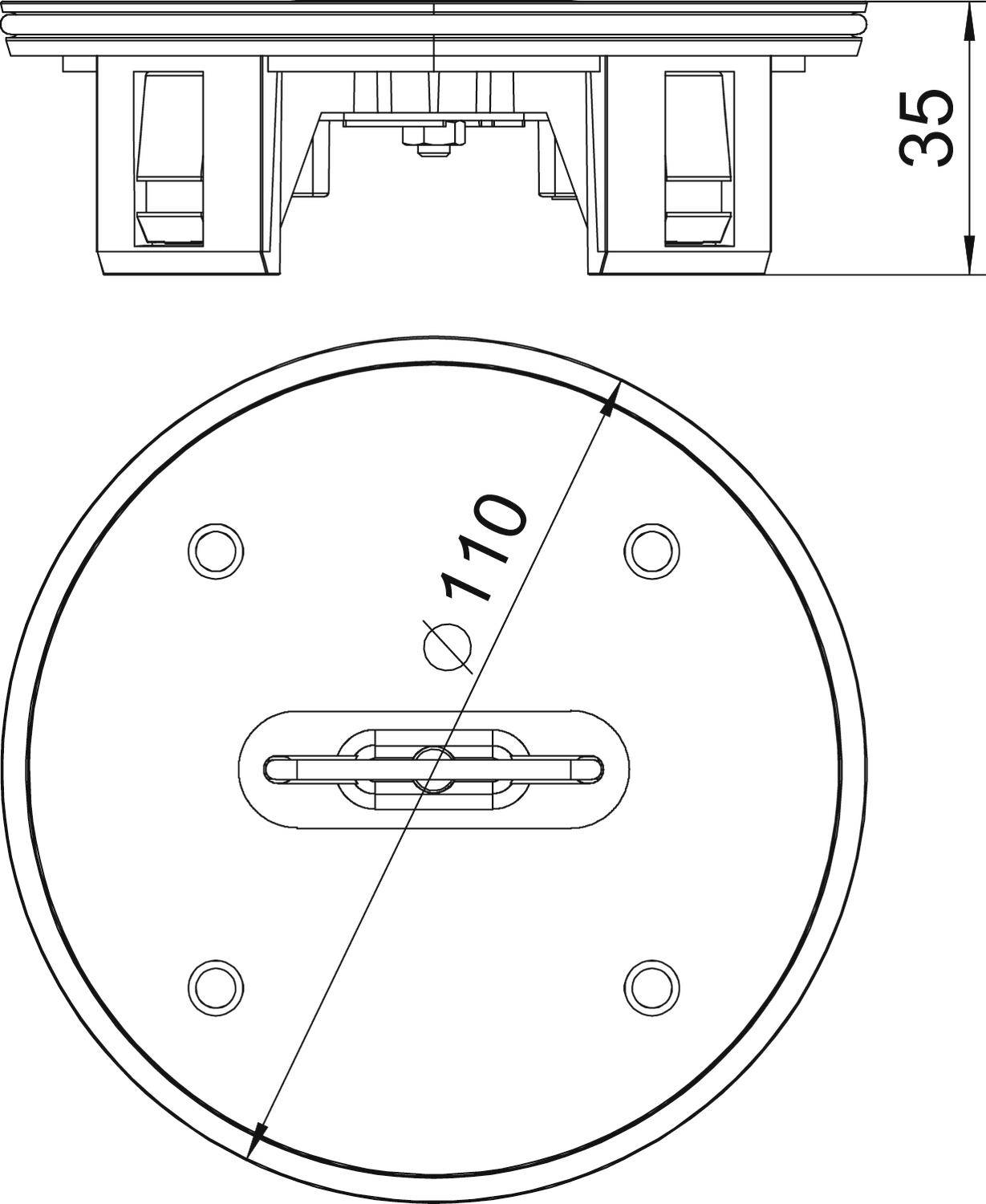 Műszaki rajz egy 110 mm átmérőjű és 35 mm magasságú kerek tartóelemről, két nézetben: felülnézet és oldalnézet.
