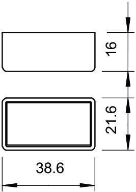 Műszaki rajz téglalap alakú alkatrészről. Méretek: szélesség 38,6 mm, magasság 21,6 mm, mélység 16 mm. Felső és oldalnézet ábrázolva.