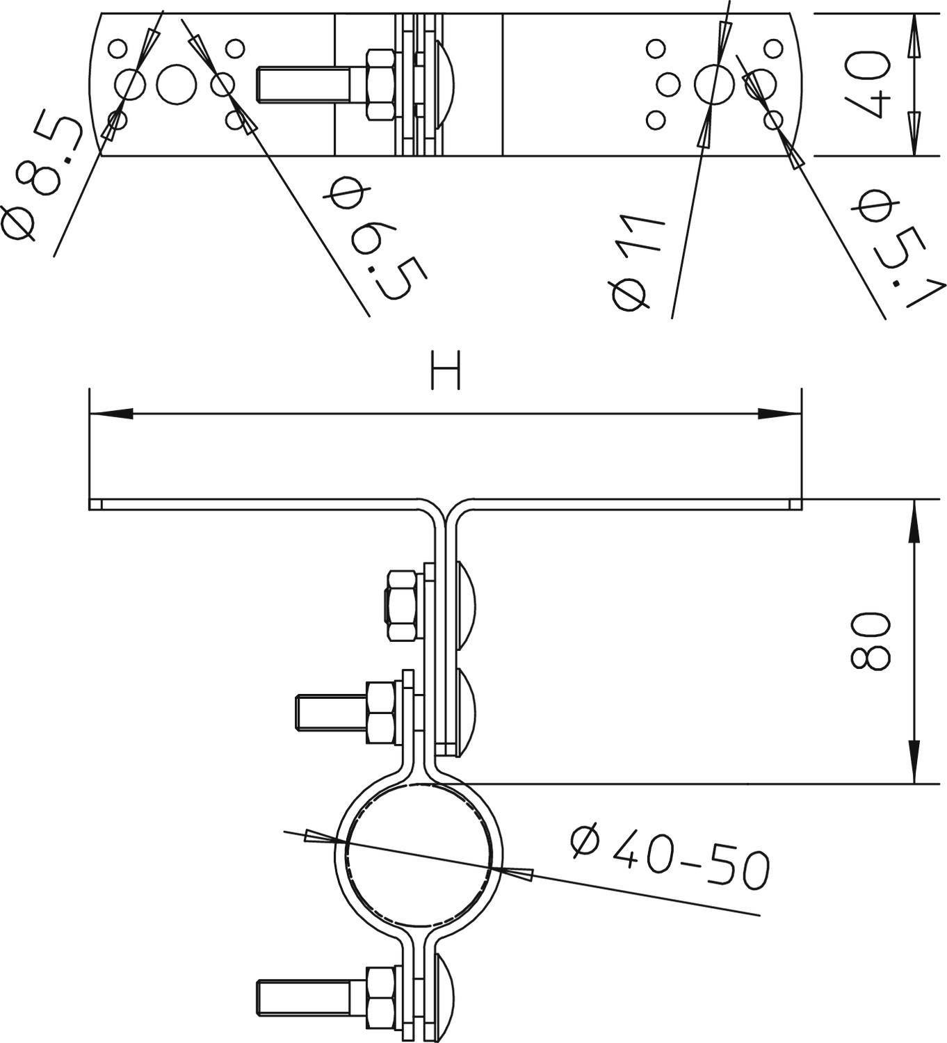 Műszaki rajz egy tartóról méretekkel: magasság 80 mm, csövek Ø40-50 mm. Felső lyukak átmérői: Ø8,5; Ø6,5; Ø11; Ø5,1.