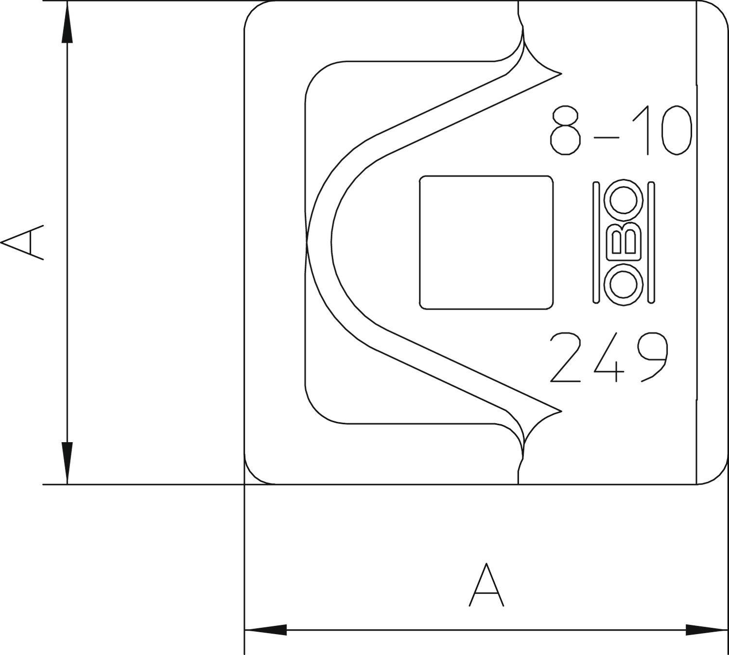 Műszaki rajz egy négyzet alakú fémrészről A x A méretekkel. Felirat: 8-10, OBO, 249.