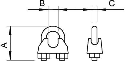 'Egy drótkötélbilincs méretének diagramja. Ábrázolások a magasságról (A), távolságról (B) és szélességről (C). Elölnézet és oldalnézet.'