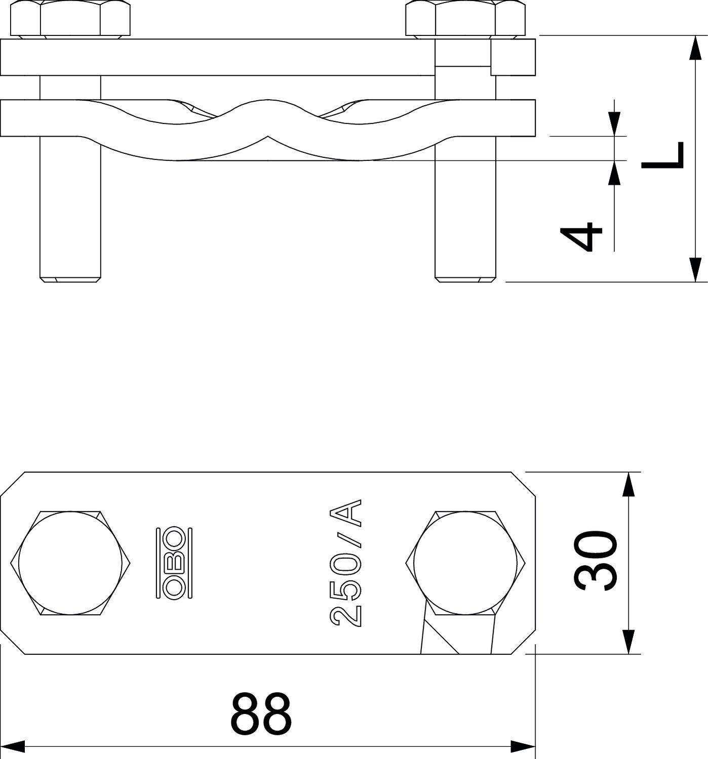 Műszaki rajz egy fémkapcsról a következő méretekkel: hosszúság 88 mm, szélesség 30 mm, magasság 4 mm. Jelölések: 'OBO' és '250/A'.