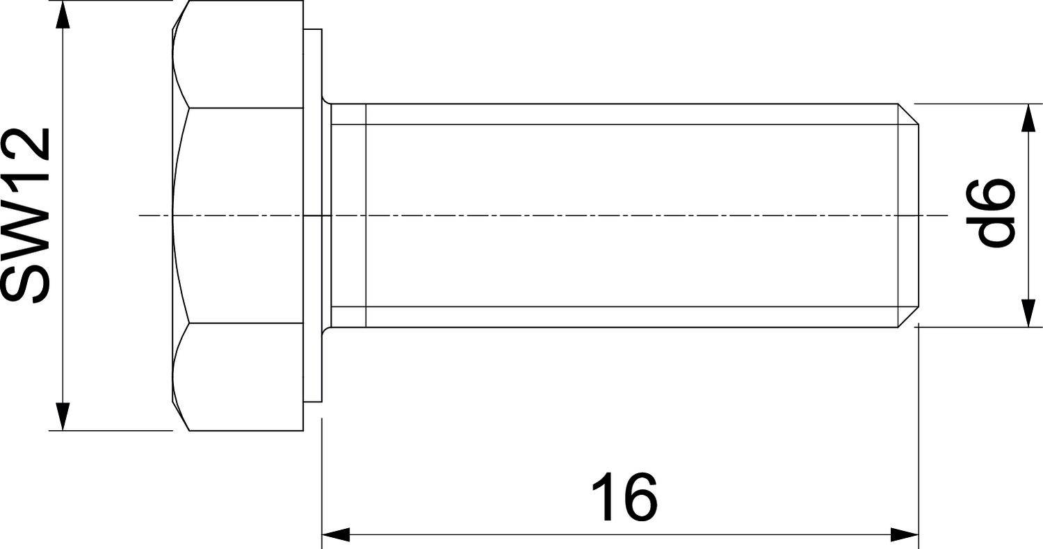 Hatlapfejű csavar műszaki rajza. Méretek: kulcsméret SW12, szártátmérő d6, szár hossza 16 mm.