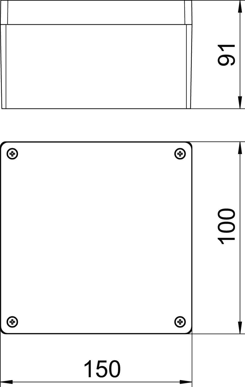 Egy műszaki rajz egy téglalap alakú dobozt mutat, amelynek méretei 150x100 mm, magassága 91 mm, és csavarok vannak az sarkainál.
