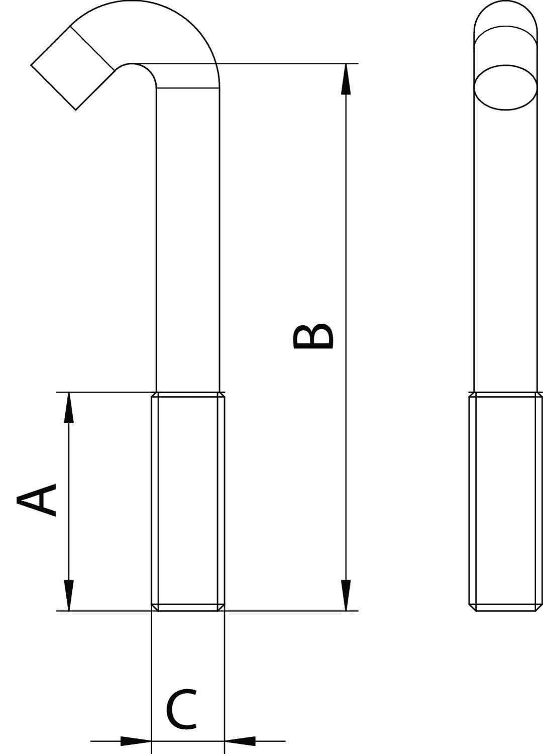 Műszaki rajz egy íves csődarabról. A méretek megadva: A, B és C. Mutatja az elem oldal- és elölnézeti nézetét.