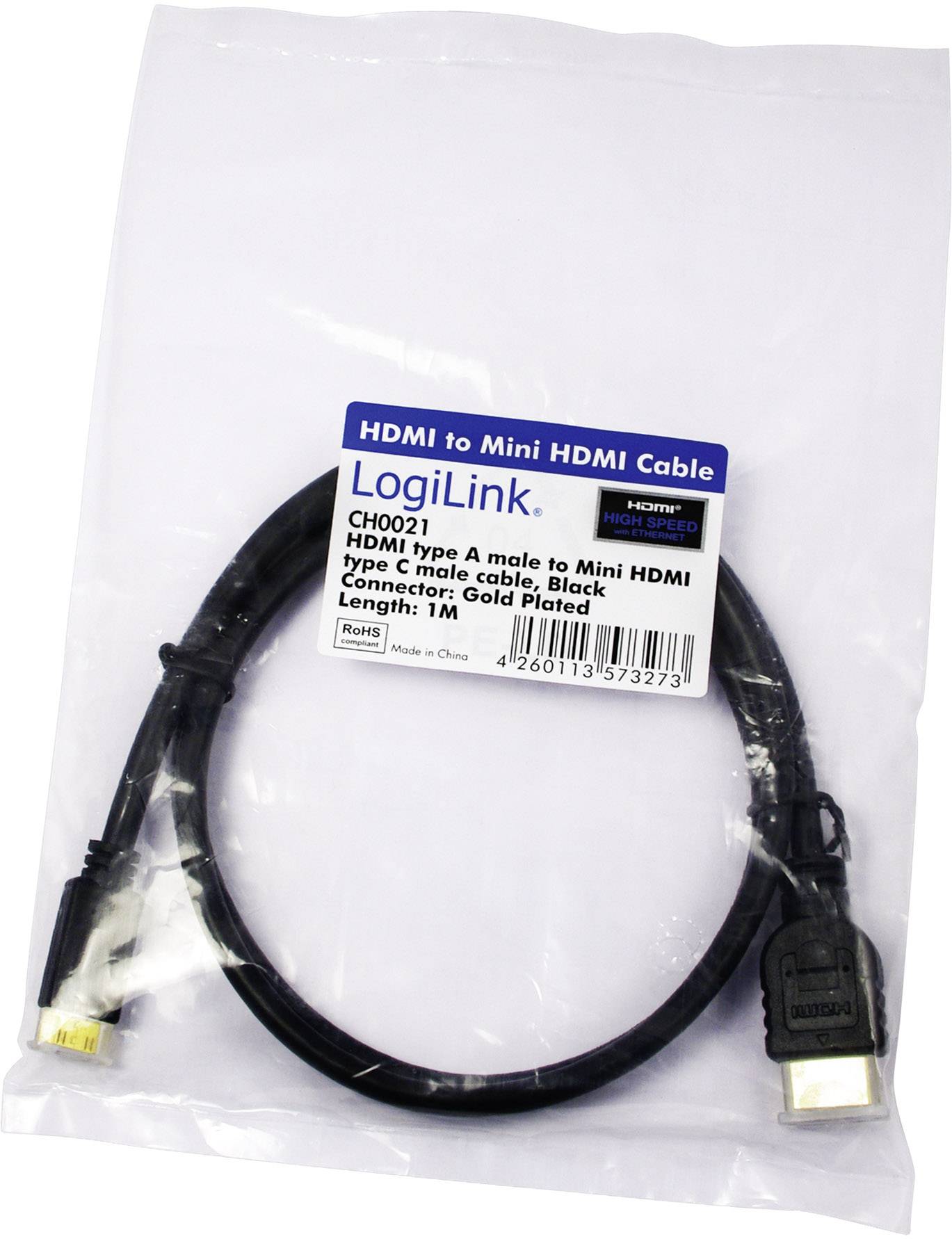 Egy LogiLink által gyártott, 1 méter hosszú, fekete HDMI-ről Mini-HDMI-re átalakító kábel, aranyozott csatlakozókkal, eredeti csomagolásban.