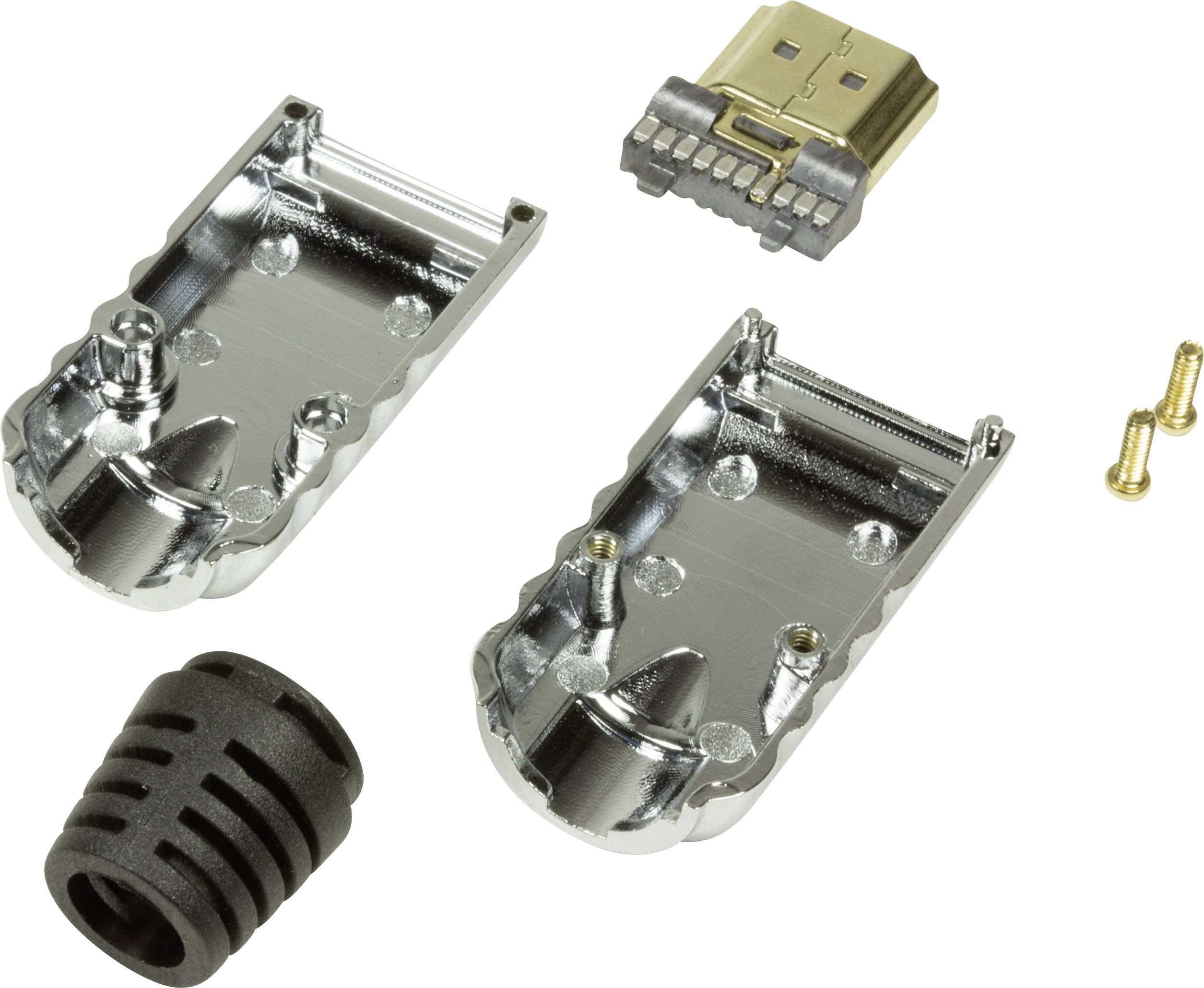 Egy USB-csatlakozó szerelőkészlet fém házrészekkel, USB-dugó csatlakozóval, két csavarral és egy fekete kábelvédővel.