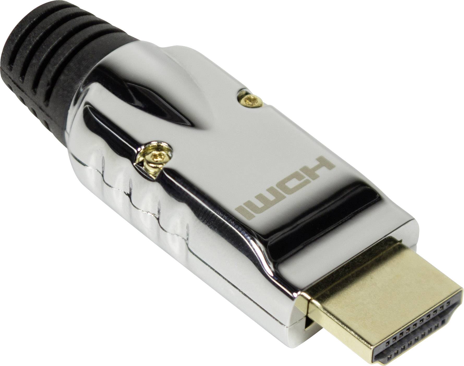 Egy ezüstszínű HDMI-kábel fekete véggel, fehér háttér előtt fektetve.