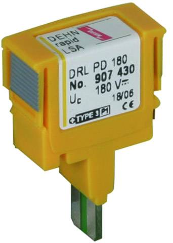 Túlfeszültségvédő eszköz 'DEHN rapid LSA', sárga ház, jellemző feszültség 180 V, referenciaszám 907 430.