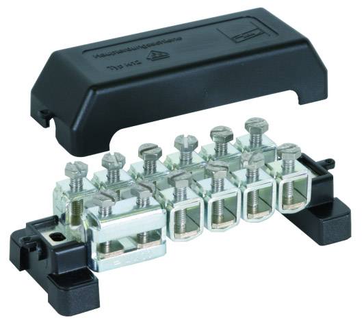 Csatlakozóblokk levehető fedéllel, több fémkapocs látható az elektromos csatlakozásokhoz.