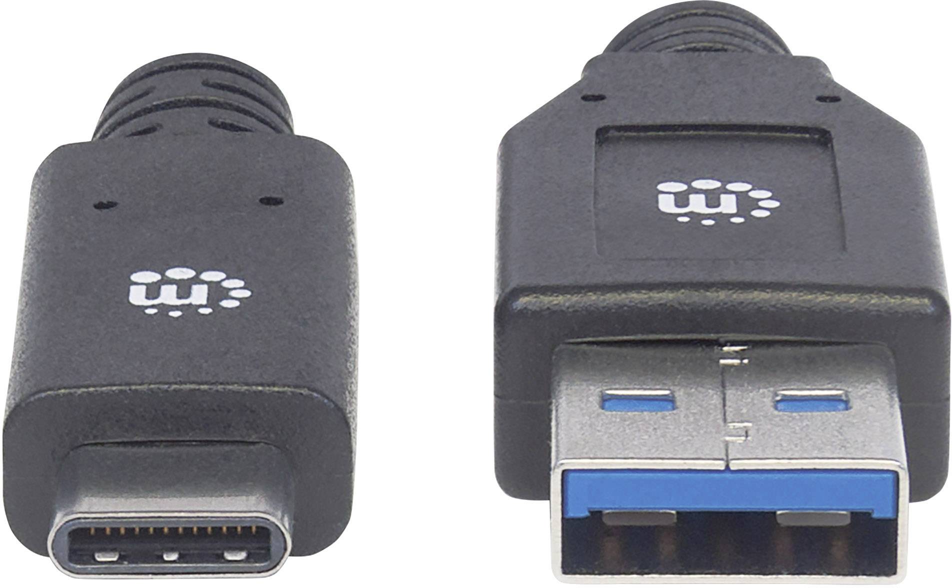 Két fekete USB-dugasz: balra egy USB-C dugasz, jobbra egy USB-A dugasz. Mindkettőnek egyforma logó van a felső oldalán.