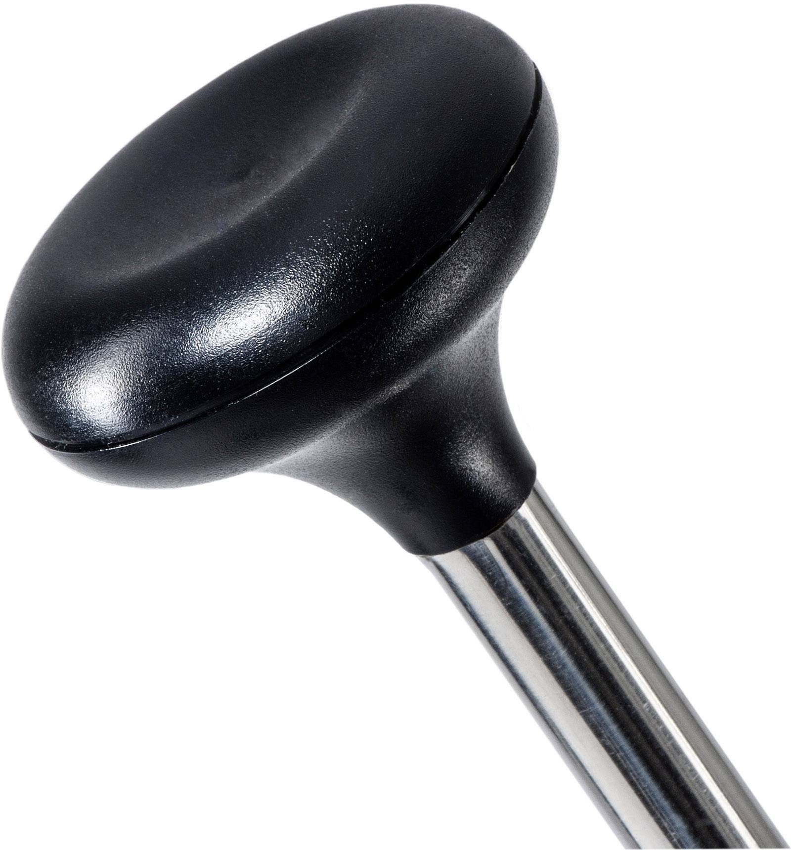 Egy fényes felületű, fekete, kerek fémkilincs, felülnézetből.