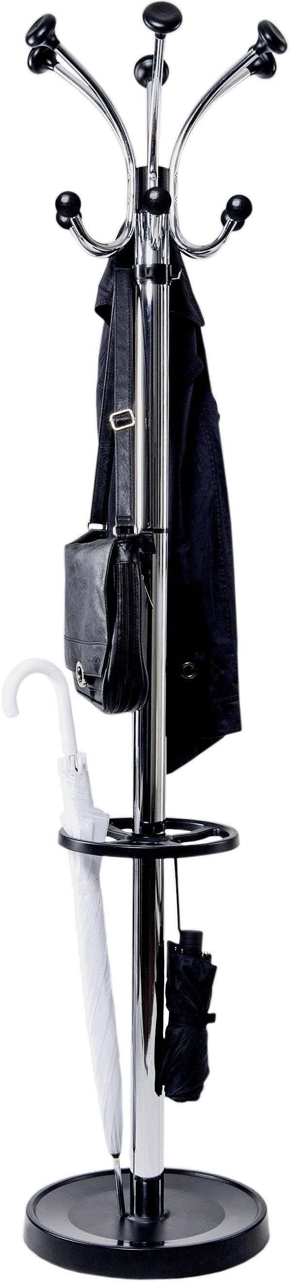 Egy fekete ruhafogas, amelyen több akasztó van, és egy kabát, egy táska és egy esernyő lóg rajta.