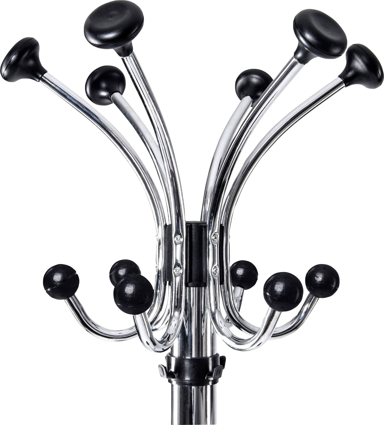 Egy stílusos fémből készült ruhafogas több kampós karral kabátok és kalapok számára.