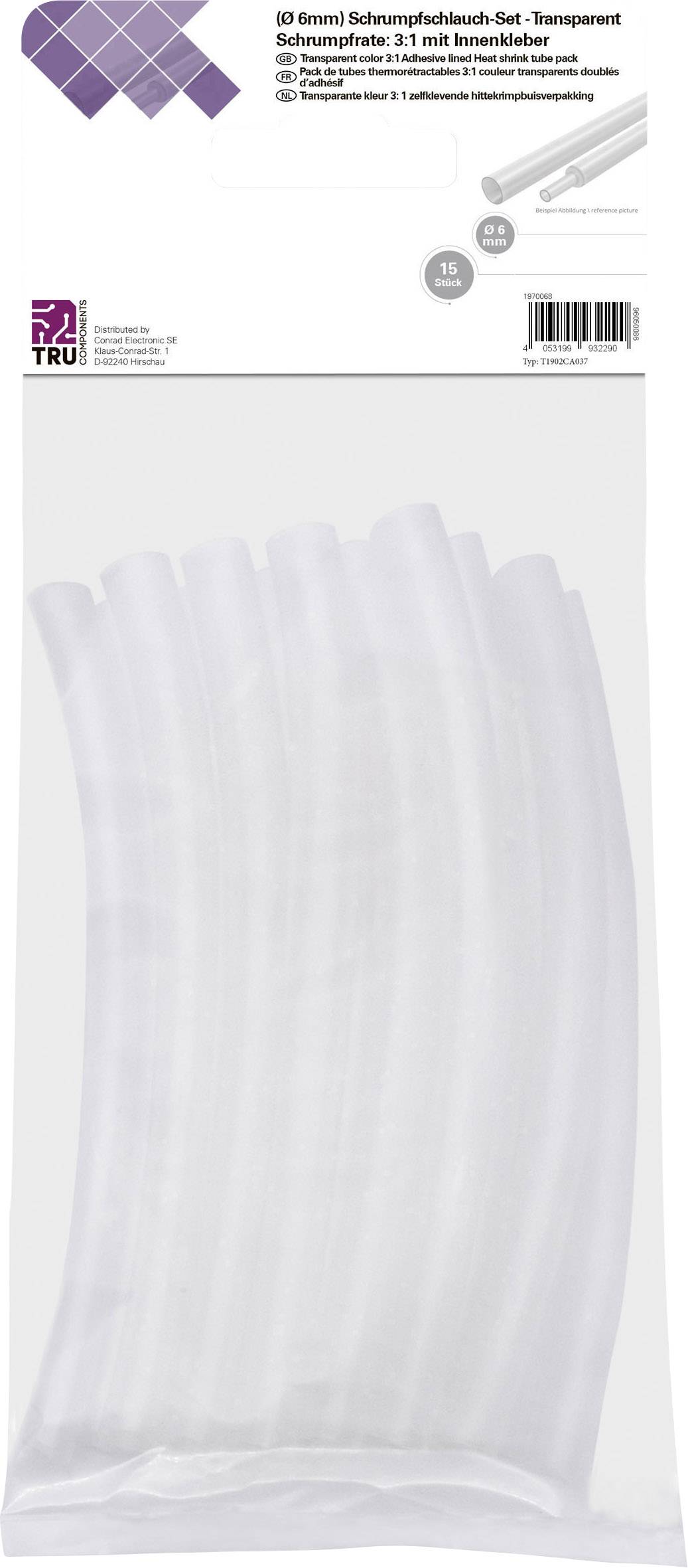 TRU COMPONENTS T1902CA037 Zsugorcső készlet Átlátszó 6 mm 2 mm Zsugorodási arány:3:1 15 db