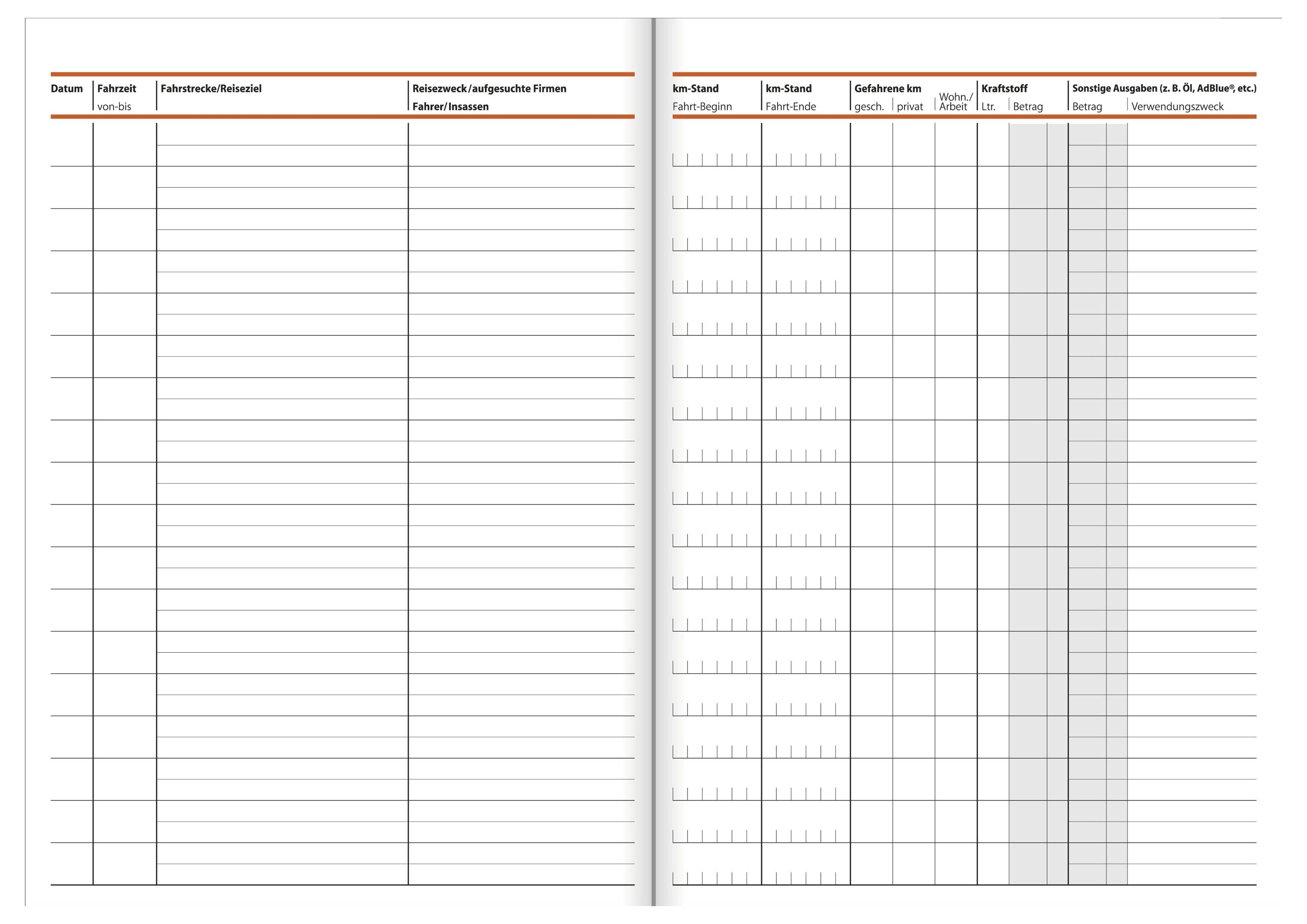 Üres német stílusú kétoldalas naplólap, dátumokhoz, időpontokhoz, távolságokhoz, útvonalakhoz és megjegyzésekhez tartozó táblázatokkal; nincsenek kitöltött bejegyzések.