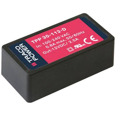 Egy fekete, téglalap alakú tápegység modul piros címkével. Címke: 'TRACO Power TPP 30-112-D'. Specifikációk: '100-240VAC, 0.8A max, 50/60Hz, Kimenet: 12VDC/2.5A'. CE-jelölés.