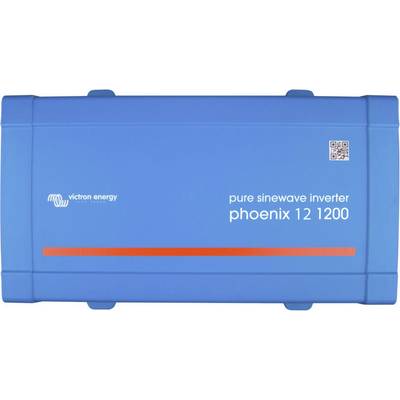 Egy kék Victron Energy váltóirányító, amelyen a 'pure sinewave inverter phoenix 12 1200' felirat szerepel.