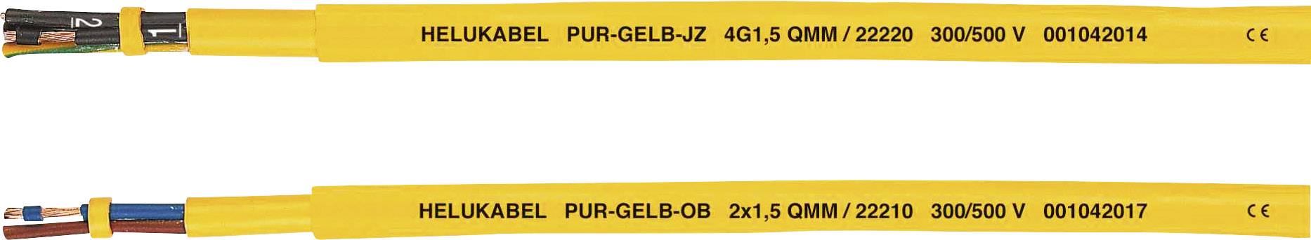Két sárga Helukabel kábel fekete és ezüst színű vezetékekkel a végeken. A jelölések mutatják: 'PUR-SÁRGA-JZ 4G1,5' és 'PUR-SÁRGA-OB 2x1,5'.