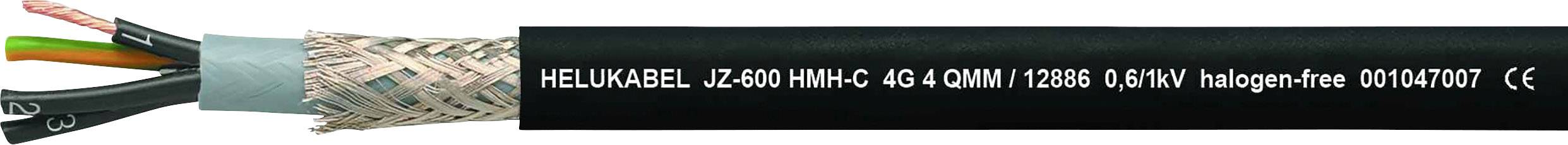 Egy kábel 'HELUKABEL JZ-600 HMH-C 4G 4G 1,5MM 12305 0,6/1 KV halogénmentes' felirattal. Árnyékolt, belső vezetőket és köpenyt mutat.