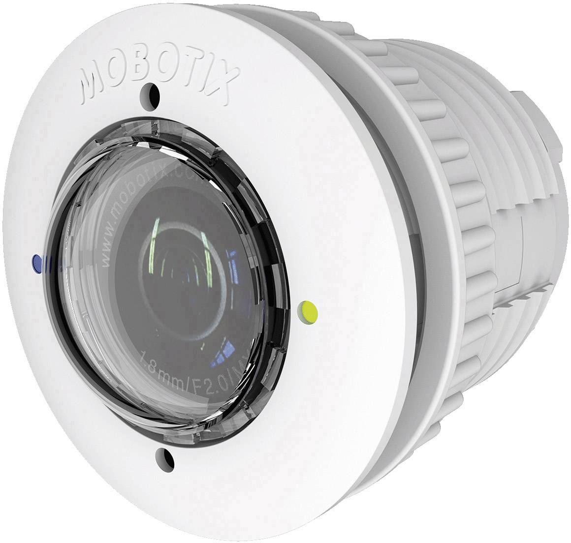 Egy fehér Mobotix-kamera nagy objektívvel a közepén, zöld és kék jelölésekkel körülvéve, felügyeleti célra.