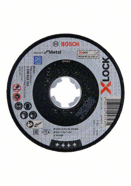 'Bosch X-LOCK vágókorong, alkalmas fémekhez, 115 mm átmérővel, 2,5 mm vastagsággal és 22,23 mm-es fúrólyuk átmérővel.'
