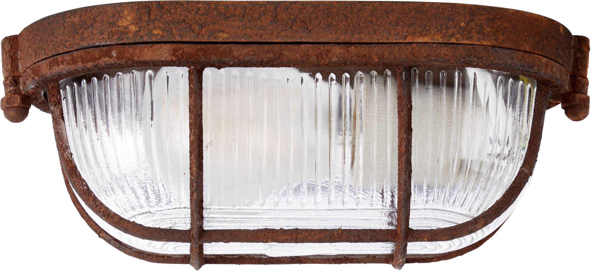 Egy rozsdabarna fali lámpa bordázott üvegbúrával, tökéletes ipari vagy rusztikus stílusú enteriőrhöz.