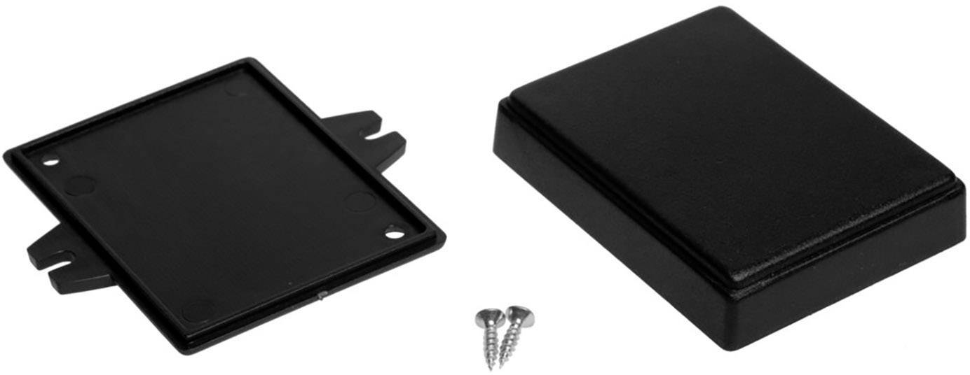Kis méretű fekete műanyag ház levehető tetővel és két rögzítő csavarral, elektronikai projektek számára alkalmas.