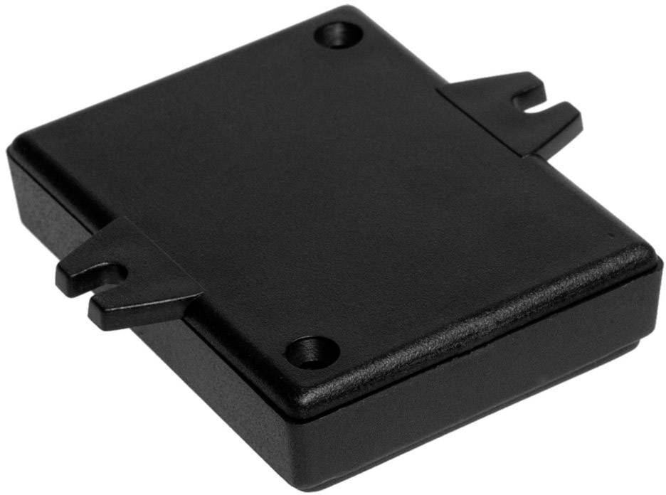 Fekete, téglalap alakú műanyag ház lekerekített sarkokkal és két látható rögzítőnyílással.