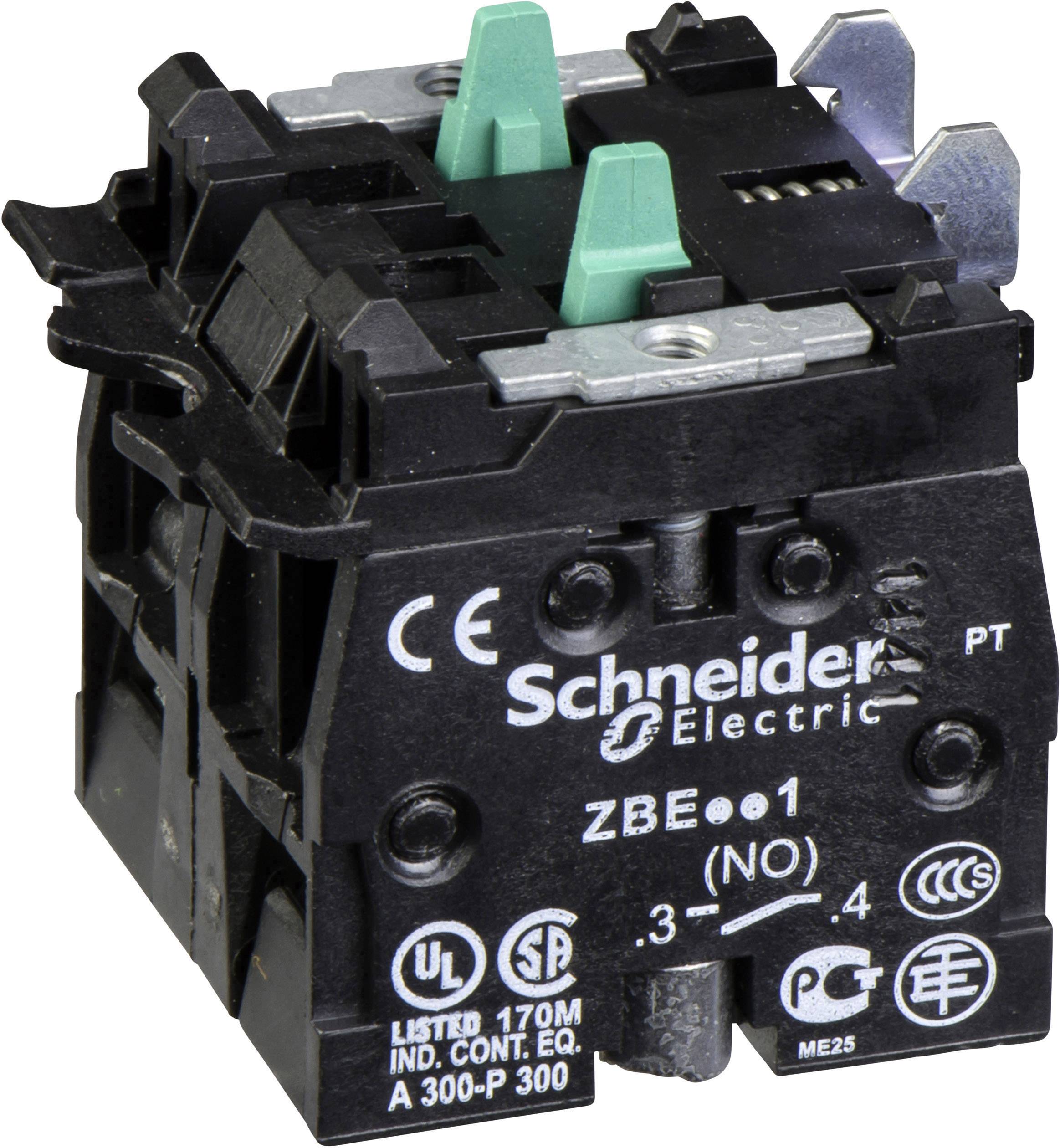 Egy fekete Schneider Electric nyomógombos kapcsoló ábrázolása zöld gombokkal és különböző tanúsítási szimbólumokkal.