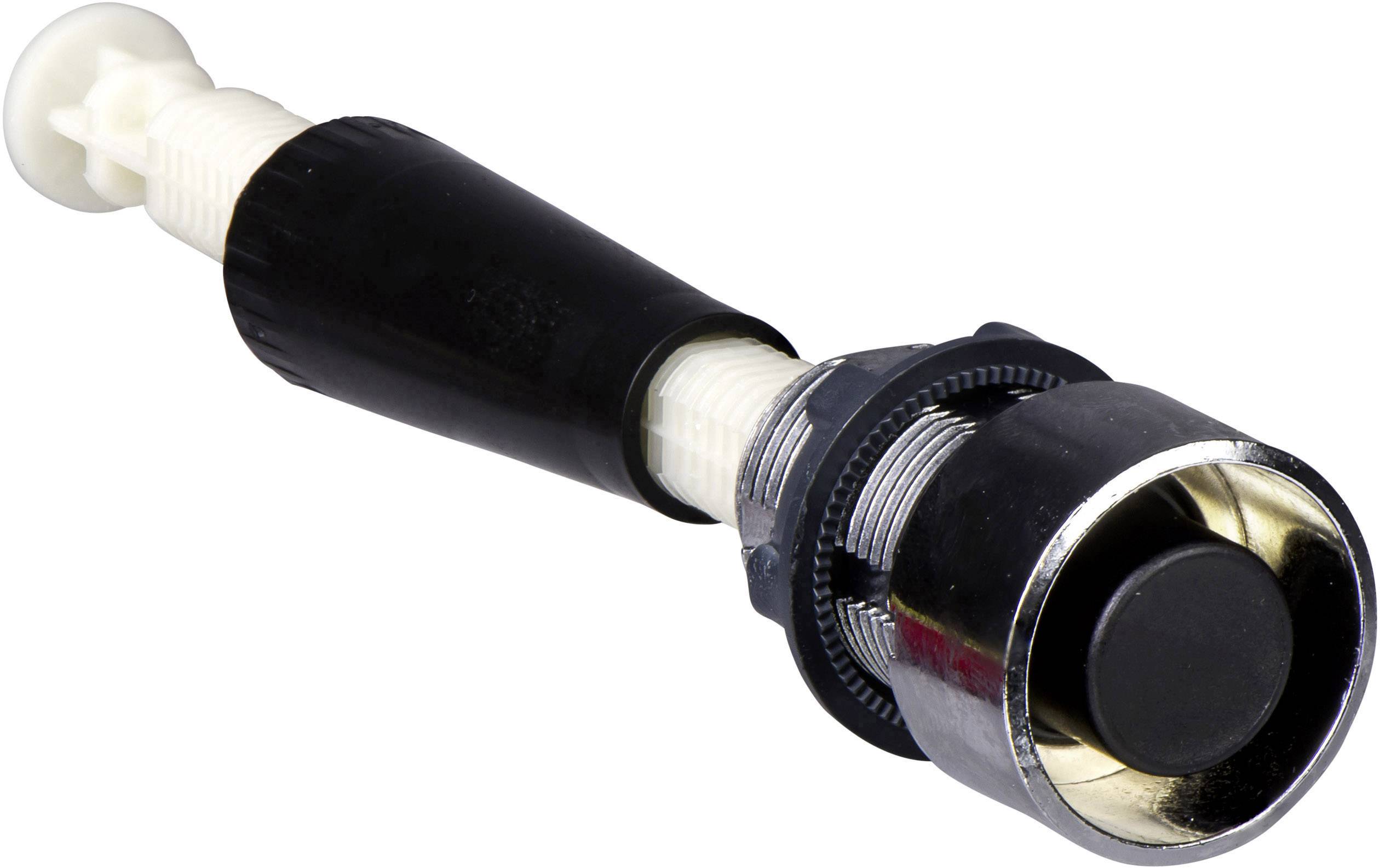 Közeli felvétel egy fekete nyomógombról menettel és rögzítőelemmel. Gyakran alkalmazzák elektromos áramkörökben.