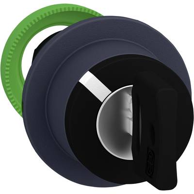 Egy fekete forgókapcsoló zöld gyűrűvel a hátoldalán, mechanikai vagy elektromos vezérlőrendszerekhez alkalmazható.