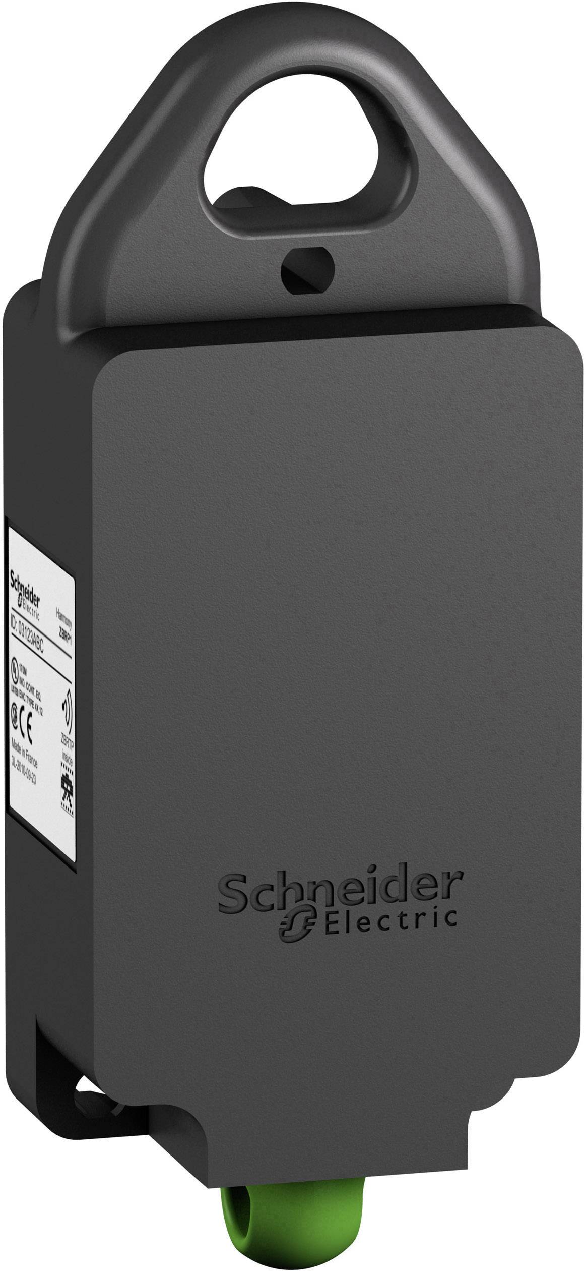 Zöld gombos fekete elektromos kapcsoló, "Schneider Electric" felirattal.