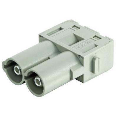 Egy szürke, téglalap alakú elektromos csatlakozó, amely két kerek aljzattal rendelkezik, és műszaki csatlakoztatásokra szolgál.