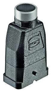 Fekete fémes ipari csatlakozóház menettel és téglalap alakú alappal.