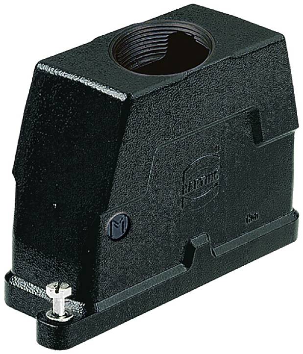 'Fekete ipari ház felső menetes nyílással és csatlakozási jelöléssel'