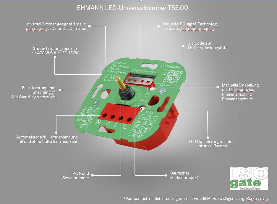 'EHMANN LED-Univerzális dimmer T55.00' automatikus nullvezeték-felismeréssel, dimmelhető terhelésekkel és manuális fázisszög-beállítással.