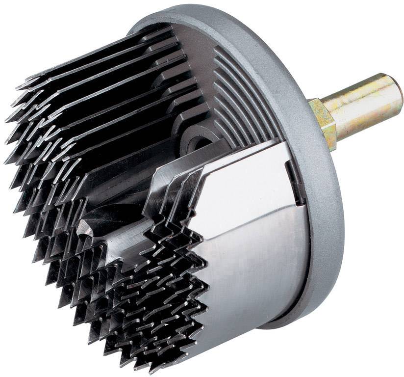 Fém lyukfűrész-készlet több, lépcsőzetesen elrendezett fűrészlappal, nagyméretű lyukak precíz kifúrásához.