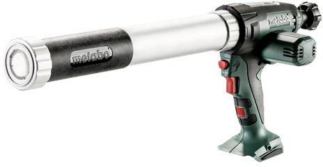 Egy Metabo elektromos patronos kinyomópisztoly, zöld és fekete színben, tömítőanyagok precíz felhordásához, ergonomikus markolattal.
