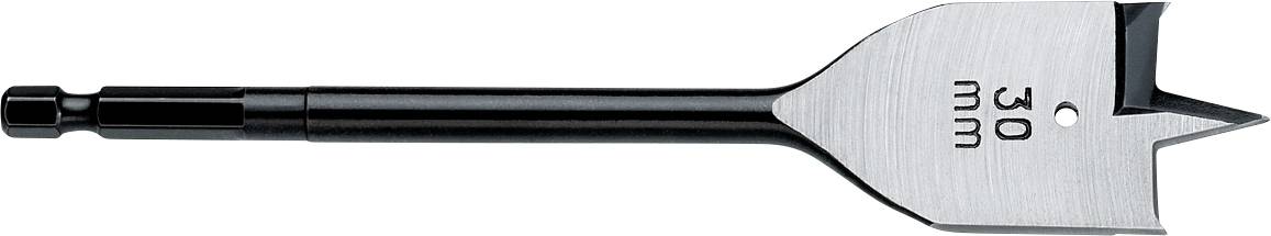 30 mm-es lapos fafúró bit csúcsos hegyével és fekete szárral, fehér háttéren bemutatva.