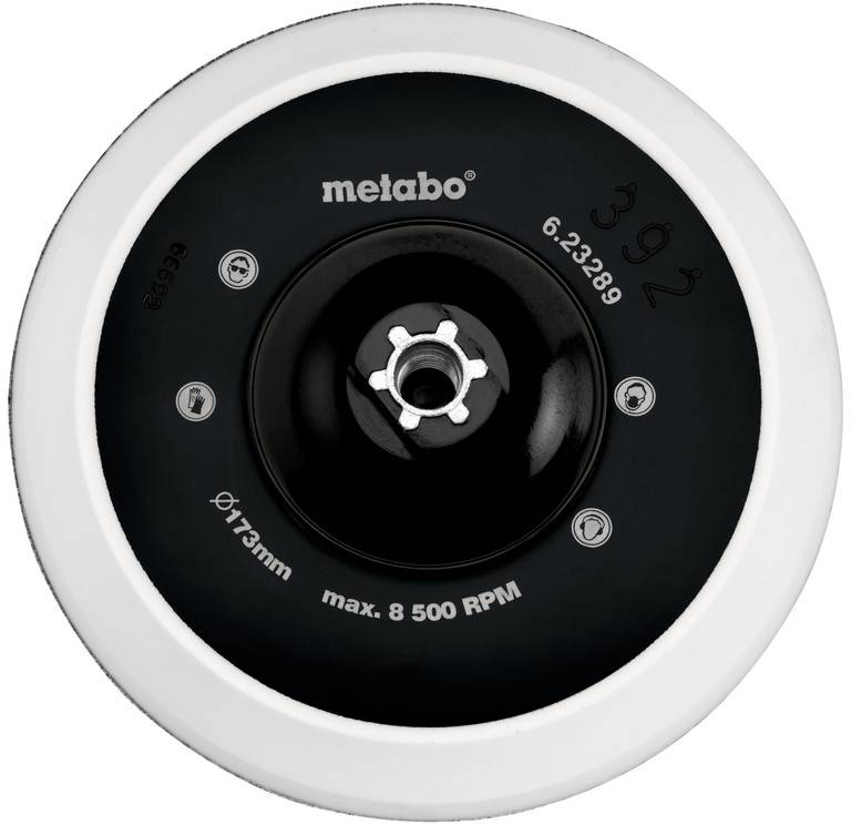 Egy Metabo csiszolókorongnak a közeli képe, fehér csiszolóélével, központi rögzítési hubbal és a maximum 8500 fordulat/perc felirattal.
