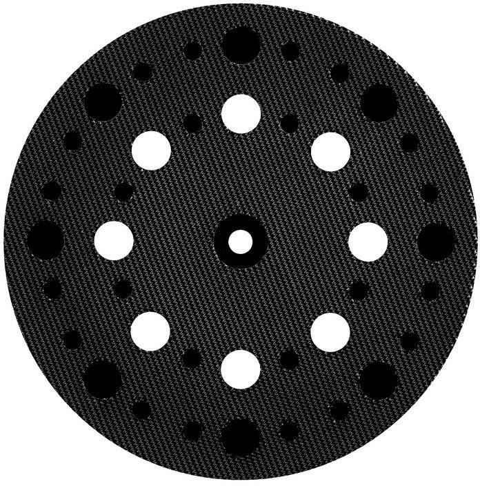 Fekete, kerek csiszolókorong több szimmetrikus lyukkal, amelyet csiszológépre szerelnek. Optimalizálja a porelszívást.