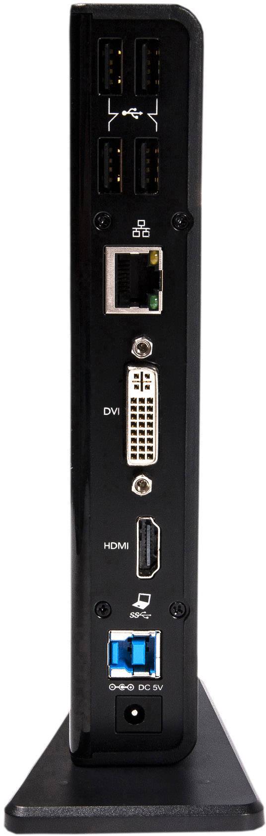 Több csatlakozó egy műszaki eszköz hátoldalán: 4 USB-csatlakozó, Ethernet, DVI, HDMI és egy kék USB 3.0-csatlakozó.