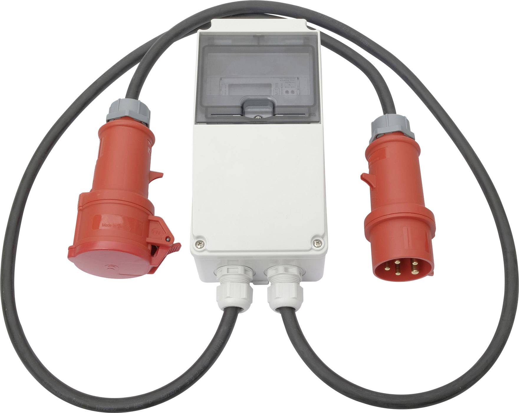 Egy ipari felhasználásra alkalmas elektromos elosztószekrény két piros csatlakozóval és kábellel.