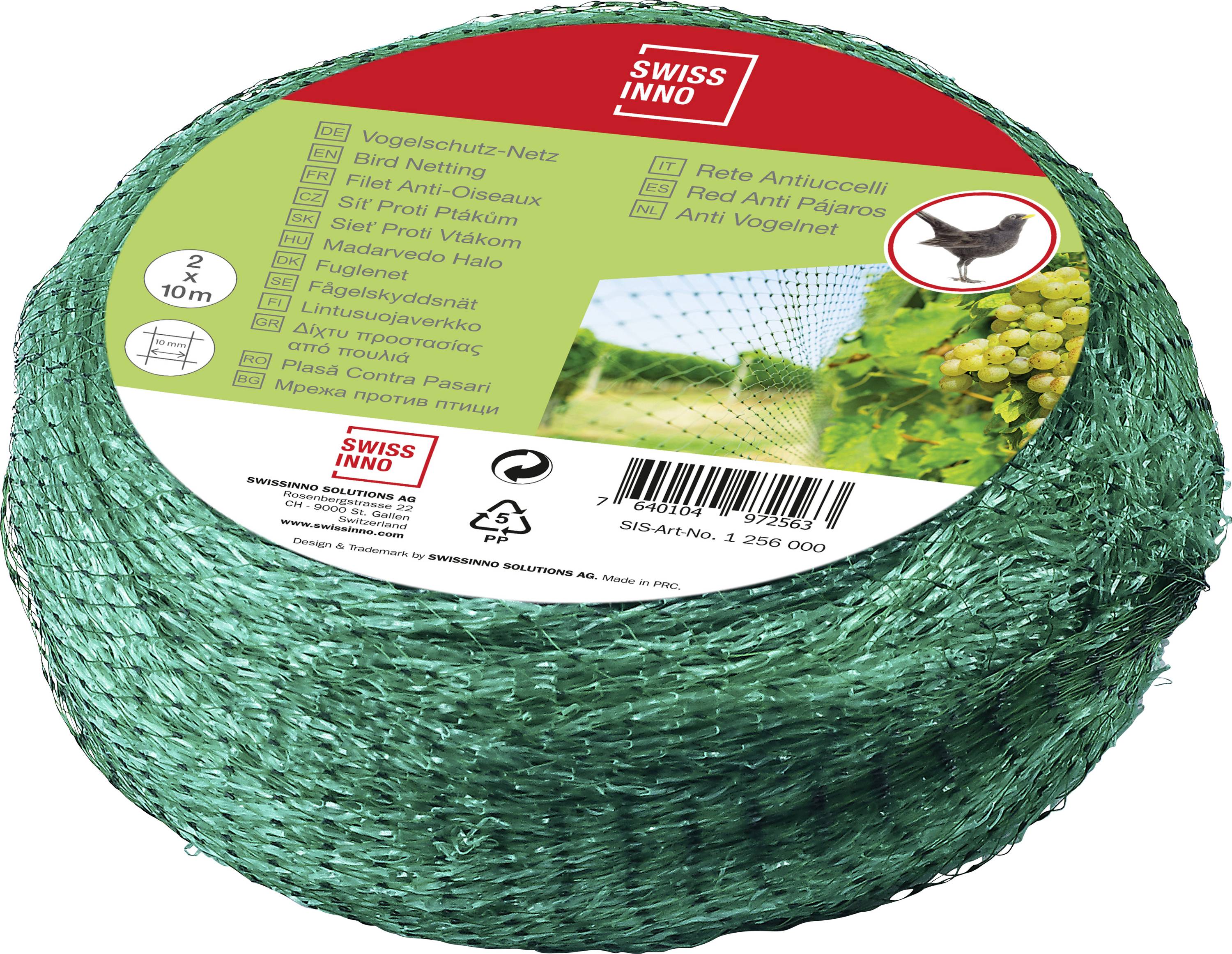 Zöld madárháló tekercs, 2x10m, 'Madárháló - Hálók' felirattal, madár és szőlőültetvény képe a csomagoláson. Alkalmas termények madarak elleni védelmére.