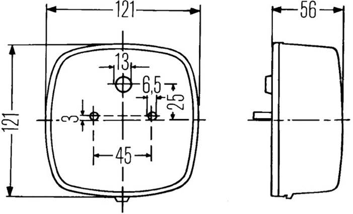 Műszaki rajz egy téglalap alakú házról pontos méretekkel: elölnézet 121 mm x 121 mm, oldalnézet 56 mm mélység.