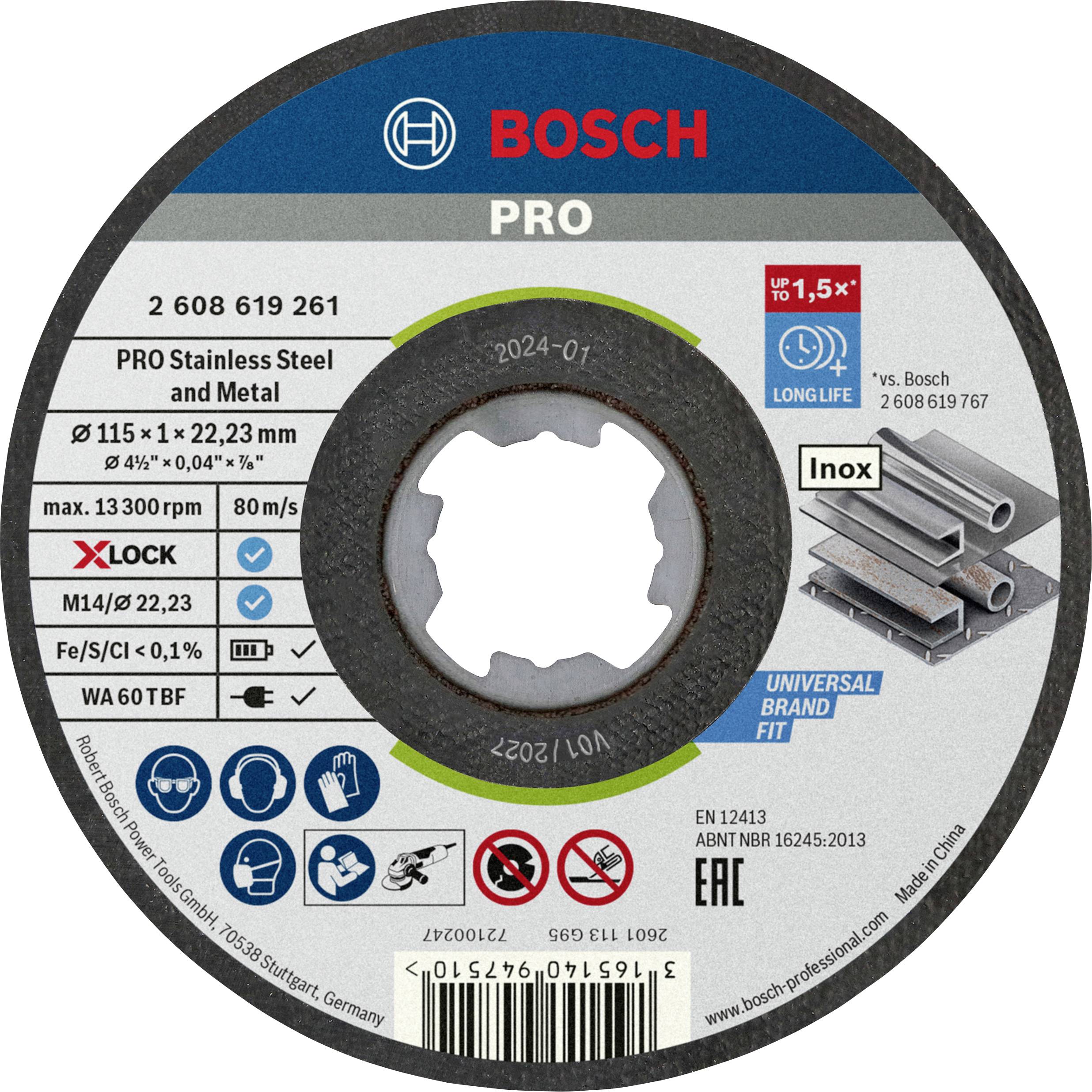 Bosch Pro vágókorong rozsdamentes acélhoz és fémekhez, 115 mm átmérő, 1 mm vastagság, X-LOCK rendszerrel, alkalmas akár 13.300 ford/perc sebességig.