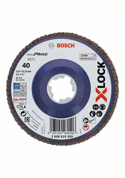 'Csiszolótárcsa, Bosch X-Lock, 40-es szemcseméret, 115 mm átmérő. Fémmegmunkálásra alkalmas.'